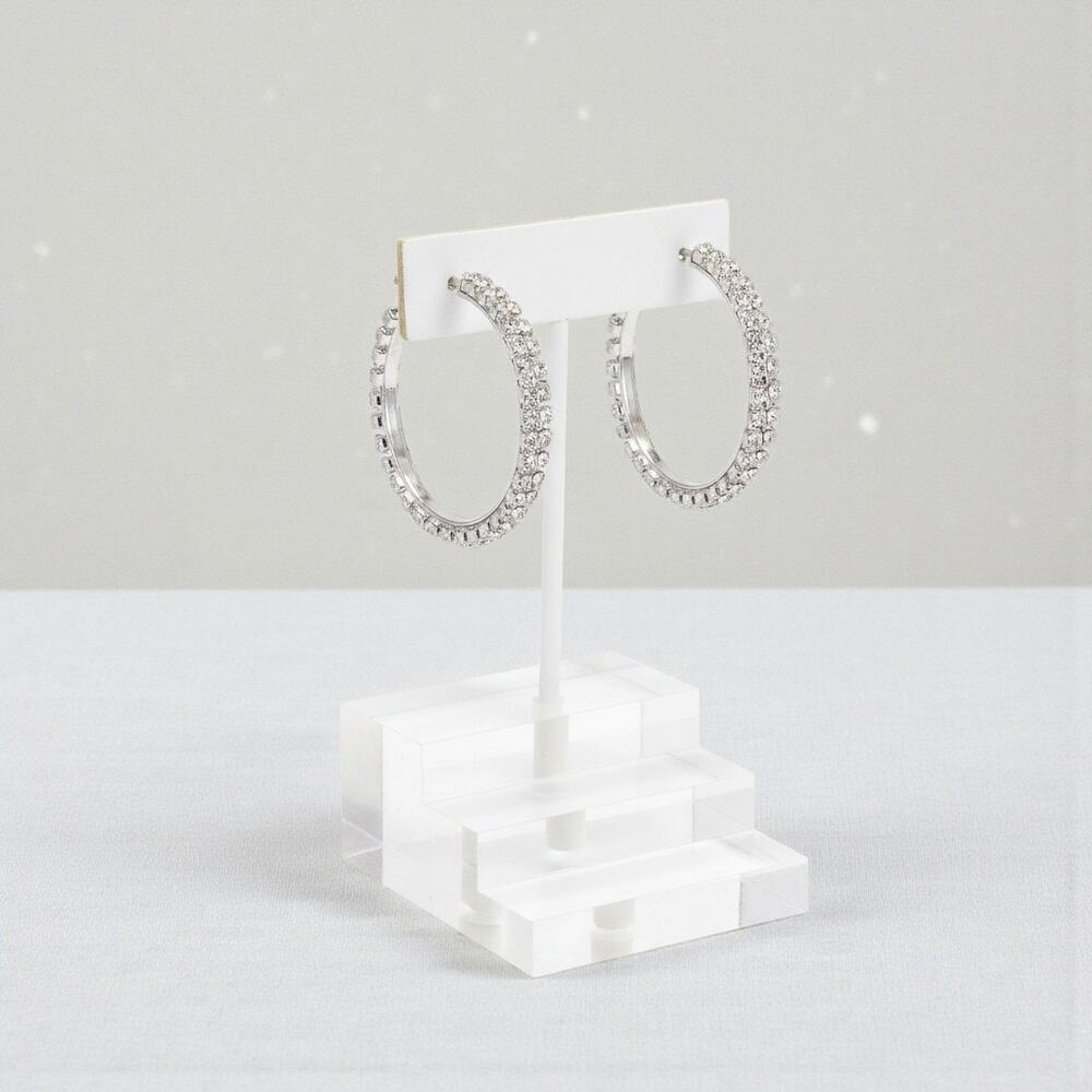 Rhinestone Double-Row Silver Tone Hoop Earrings – Pierced